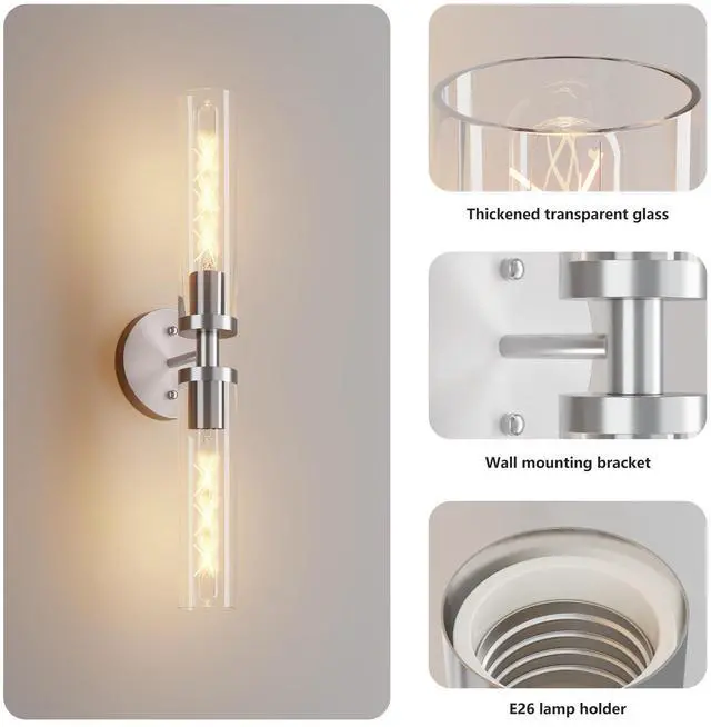 Alt view image 7 of 7 - Wall Sconces Set Of Two, Hardwired Brushed Nickel Bathroom Sconces Wall Lighting with Clear Glass, Modern Sconces Wall Decor Set Of 2 Wall Light Fixtures for Mirror Hallway (Bulbs Not included)