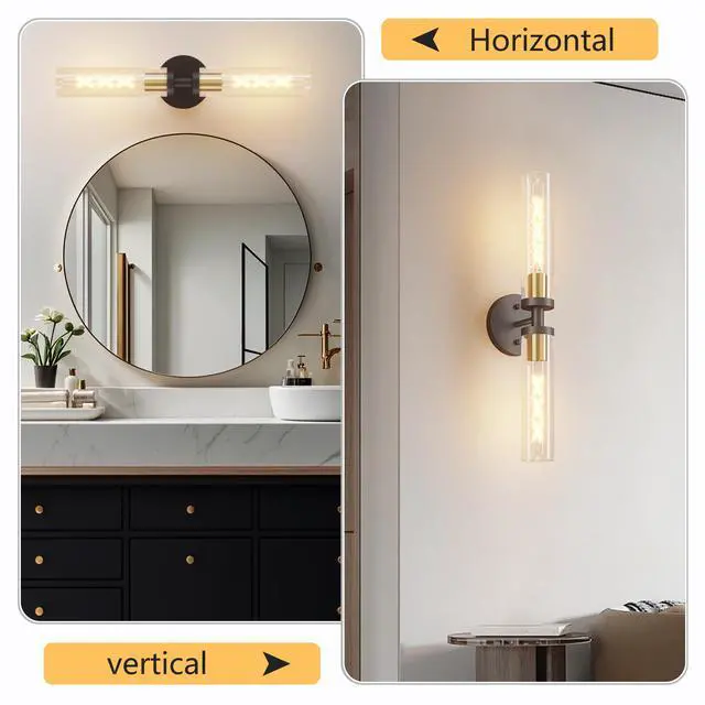 Alt view image 7 of 7 - Wall Sconces Set Of Two, Black and Gold Bathroom Sconces Wall Lighting with Clear Glass, Modern Sconces Wall Decor Set Of 2 Wall Light Fixtures for Bathroom Mirror Living Room Hallway Bedroom