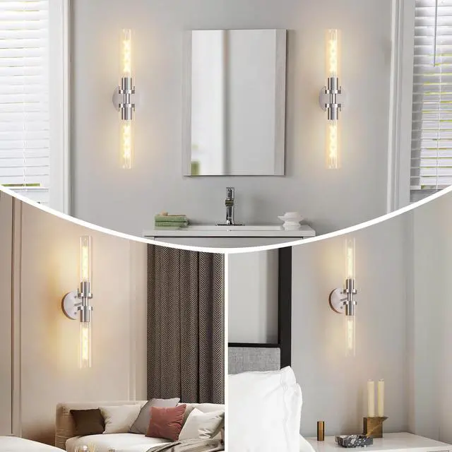 Alt view image 2 of 7 - Wall Sconces Set Of Two, Hardwired Brushed Nickel Bathroom Sconces Wall Lighting with Clear Glass, Modern Sconces Wall Decor Set Of 2 Wall Light Fixtures for Mirror Hallway (Bulbs Not included)