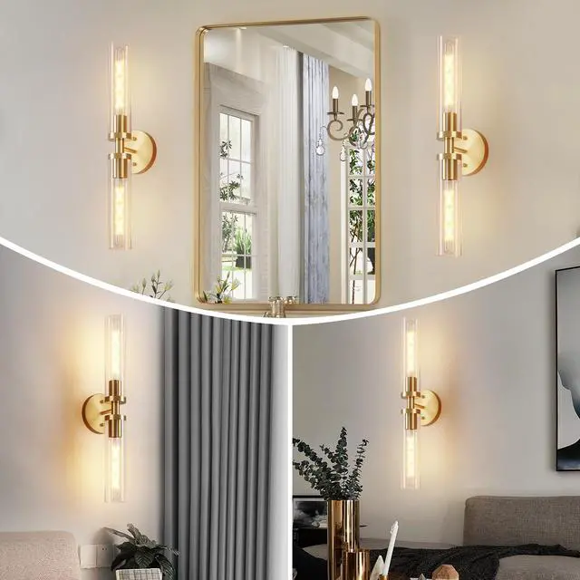 Alt view image 2 of 7 - Wall Sconces Set Of Two, Hardwired Gold Bathroom Sconces Wall Lighting with Clear Glass, Modern Sconces Wall Decor Set Of 2 Wall Light Fixtures for Bathroom Mirror Hallway (Bulbs Not included)