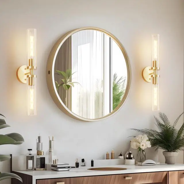 Alt view image 4 of 7 - Wall Sconces Set Of Two, Hardwired Gold Bathroom Sconces Wall Lighting with Clear Glass, Modern Sconces Wall Decor Set Of 2 Wall Light Fixtures for Bathroom Mirror Hallway (Bulbs Not included)