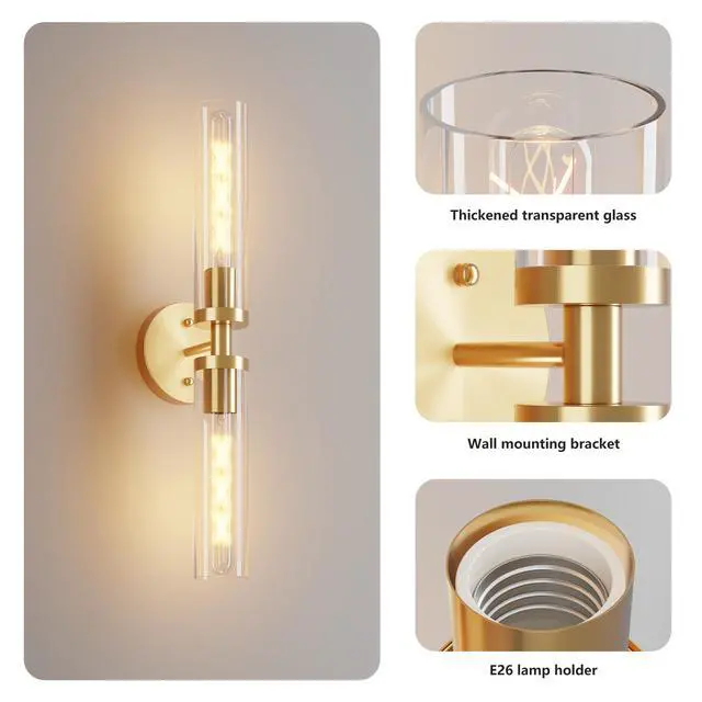 Alt view image 7 of 7 - Wall Sconces Set Of Two, Hardwired Gold Bathroom Sconces Wall Lighting with Clear Glass, Modern Sconces Wall Decor Set Of 2 Wall Light Fixtures for Bathroom Mirror Hallway (Bulbs Not included)