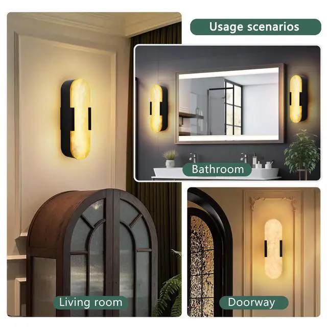 Alt view image 5 of 7 - 13.8" Natural Marble Wall Sconce, Black Sconces Set Of Two, indoor Modern Bathroom Sconces Wall Lighting for Living Room, Bedroom, Hallway, Stairs