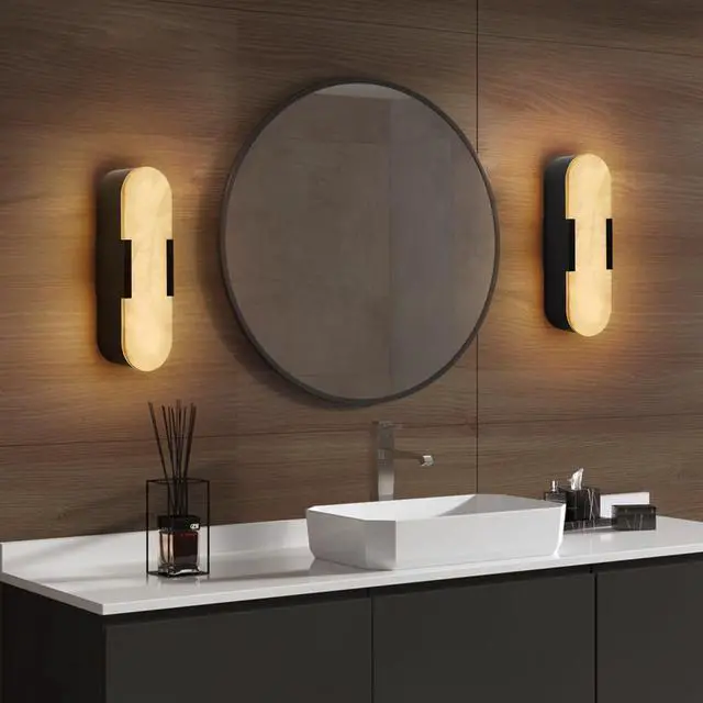 Alt view image 3 of 7 - 13.8" Natural Marble Wall Sconce, Black Sconces Set Of Two, indoor Modern Bathroom Sconces Wall Lighting for Living Room, Bedroom, Hallway, Stairs