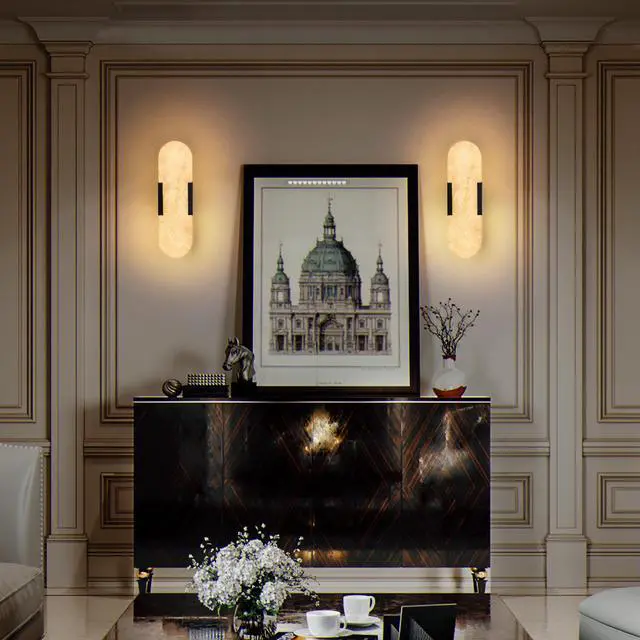 Alt view image 2 of 7 - 13.8" Natural Marble Wall Sconce, Black Sconces Set Of Two, indoor Modern Bathroom Sconces Wall Lighting for Living Room, Bedroom, Hallway, Stairs