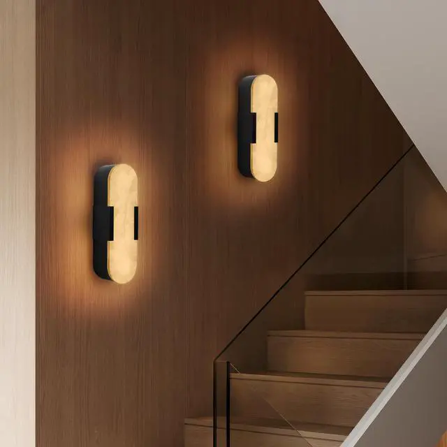 Alt view image 4 of 7 - 13.8" Natural Marble Wall Sconce, Black Sconces Set Of Two, indoor Modern Bathroom Sconces Wall Lighting for Living Room, Bedroom, Hallway, Stairs
