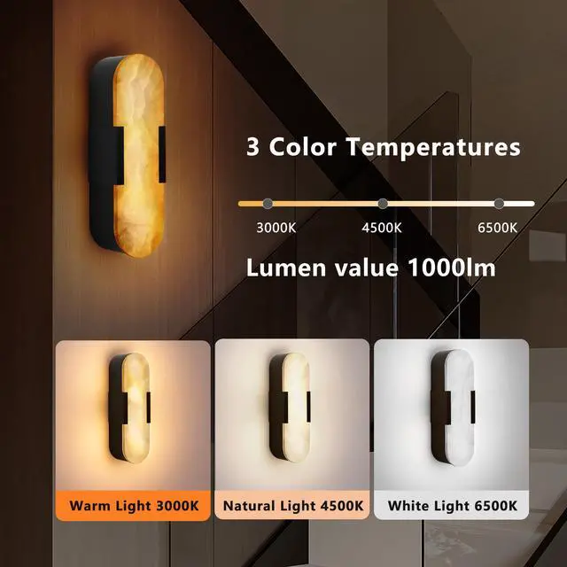 Alt view image 7 of 7 - 13.8" Natural Marble Wall Sconce, Black Sconces Set Of Two, indoor Modern Bathroom Sconces Wall Lighting for Living Room, Bedroom, Hallway, Stairs