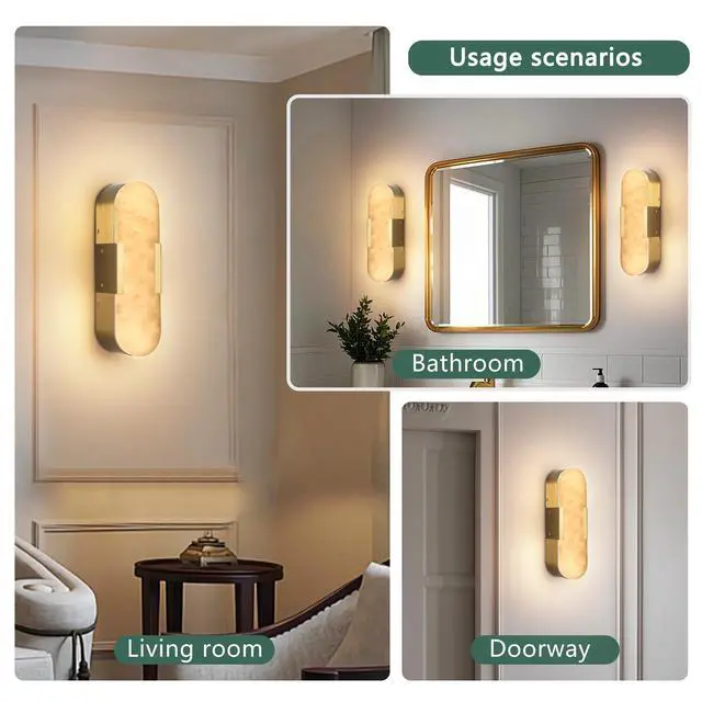 Alt view image 5 of 7 - 13.8" Natural Marble Wall Sconce, Gold Sconces Set Of Two, indoor Modern Bathroom Sconces Wall Lighting for Living Room, Bedroom, Hallway, Stairs