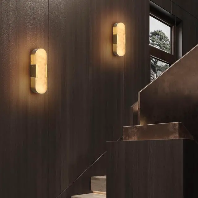 Alt view image 4 of 7 - 13.8" Natural Marble Wall Sconce, Gold Sconces Set Of Two, indoor Modern Bathroom Sconces Wall Lighting for Living Room, Bedroom, Hallway, Stairs