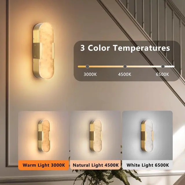 Alt view image 7 of 7 - 13.8" Natural Marble Wall Sconce, Gold Sconces Set Of Two, indoor Modern Bathroom Sconces Wall Lighting for Living Room, Bedroom, Hallway, Stairs