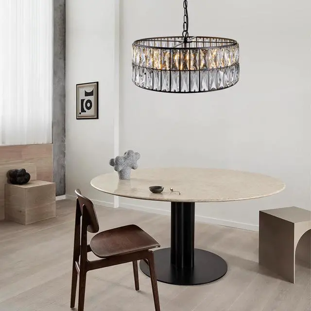 Alt view image 2 of 7 - 18" Black Modern Crystal Drum Chandelier, 6-Light Pendant Lighting Fixture with Metal Frame for Living Room, Dining Room, and Bedroom (Bulbs Not included)