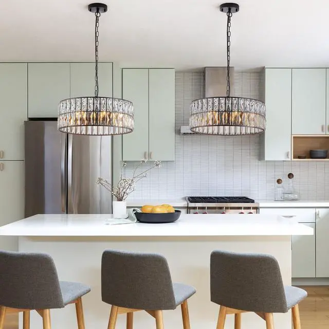 Alt view image 4 of 7 - 18" Black Modern Crystal Drum Chandelier, 6-Light Pendant Lighting Fixture with Metal Frame for Living Room, Dining Room, and Bedroom (Bulbs Not included)
