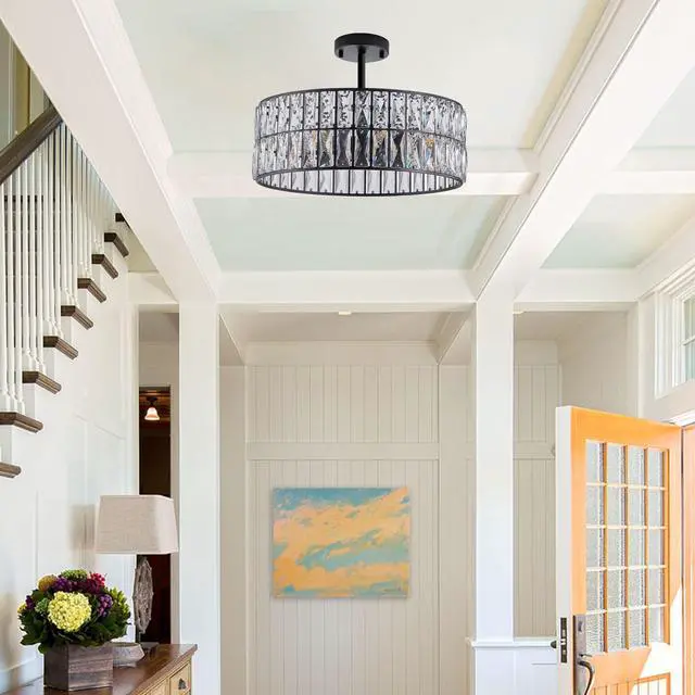 Alt view image 3 of 7 - 18" Black Modern Crystal Drum Chandelier, 6-Light Pendant Lighting Fixture with Metal Frame for Living Room, Dining Room, and Bedroom (Bulbs Not included)