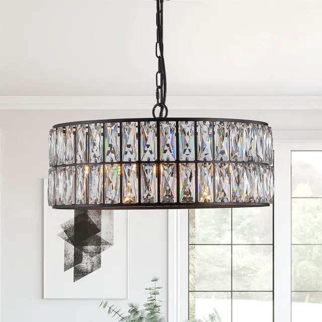 Alt view image 5 of 7 - 18" Black Modern Crystal Drum Chandelier, 6-Light Pendant Lighting Fixture with Metal Frame for Living Room, Dining Room, and Bedroom (Bulbs Not included)