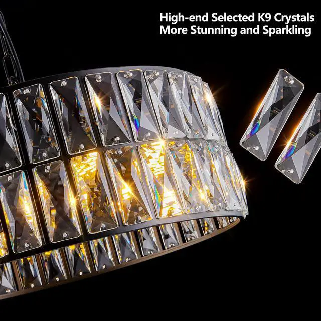 Alt view image 7 of 7 - 18" Black Modern Crystal Drum Chandelier, 6-Light Pendant Lighting Fixture with Metal Frame for Living Room, Dining Room, and Bedroom (Bulbs Not included)