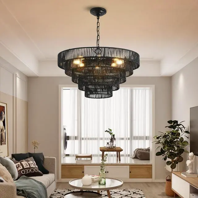 Main image of 24" Rustic 5-Tier Black Hemp Rope Pendant Light Chandelier with 8 E12 Sockets, Boho Farmhouse Ceiling Fixture for Dining Room, Kitchen, Or Entryway (Bulb Not included)