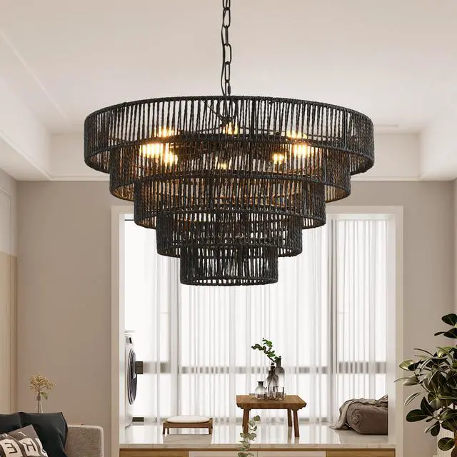 Alt view image 3 of 7 - 24" Rustic 5-Tier Black Hemp Rope Pendant Light Chandelier with 8 E12 Sockets, Boho Farmhouse Ceiling Fixture for Dining Room, Kitchen, Or Entryway (Bulb Not included)