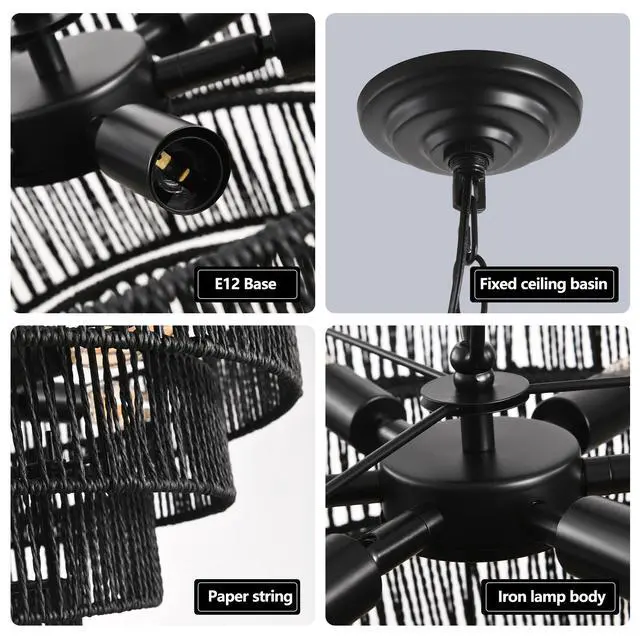 Alt view image 6 of 7 - 24" Rustic 5-Tier Black Hemp Rope Pendant Light Chandelier with 8 E12 Sockets, Boho Farmhouse Ceiling Fixture for Dining Room, Kitchen, Or Entryway (Bulb Not included)