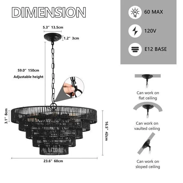 Alt view image 7 of 7 - 24" Rustic 5-Tier Black Hemp Rope Pendant Light Chandelier with 8 E12 Sockets, Boho Farmhouse Ceiling Fixture for Dining Room, Kitchen, Or Entryway (Bulb Not included)
