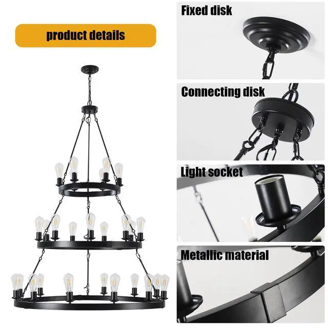 Alt view image 6 of 7 - 45" Retro industrial Style 3-Layer Pendant Light, 27-Lights Black Farmhouse Pendant, Suitable for Dining Rooms, Living Rooms (Bulb Not included)