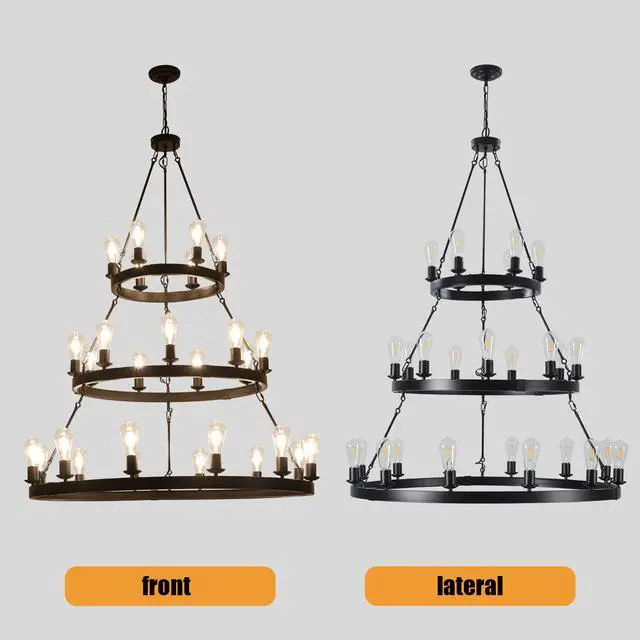 Alt view image 7 of 7 - 45" Retro industrial Style 3-Layer Pendant Light, 27-Lights Black Farmhouse Pendant, Suitable for Dining Rooms, Living Rooms (Bulb Not included)