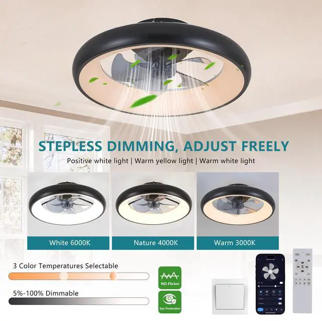 Alt view image 4 of 7 - 20" Black Led Ceiling Fan Light Dimmable & Adjustable Color Temperature, App & Remote Control, Modern Smart Ceiling Fan for Living Room, Bedroom, and Dining Room (Silent/6-Speed/Reversible/Dc Motor)