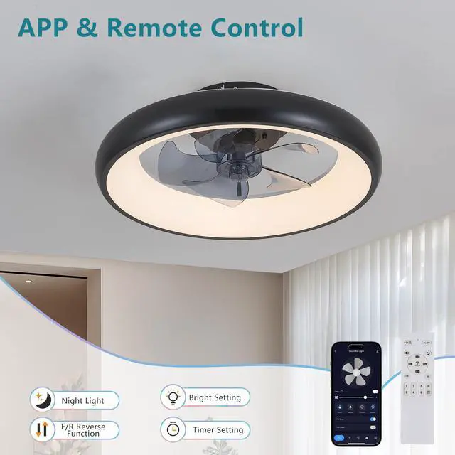 Alt view image 2 of 7 - 20" Black Led Ceiling Fan Light Dimmable & Adjustable Color Temperature, App & Remote Control, Modern Smart Ceiling Fan for Living Room, Bedroom, and Dining Room (Silent/6-Speed/Reversible/Dc Motor)