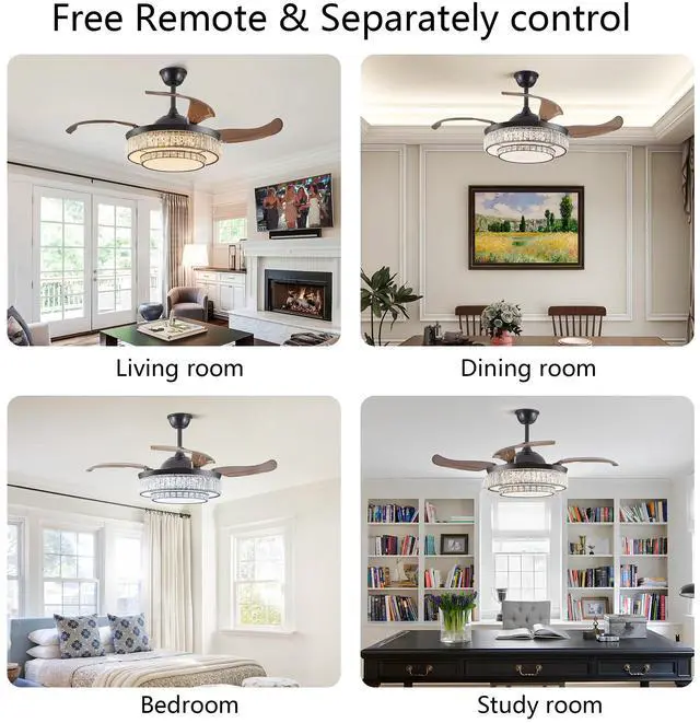 Alt view image 2 of 7 - 48" Contemporary Crystal Led Retractable Ceiling Fan with Light and Remote Control, 6-Speed Quiet Reversible Dc Motor,4 Blades Modern Ceiling Fans for Kitchen Bedroom Dining Room Patio