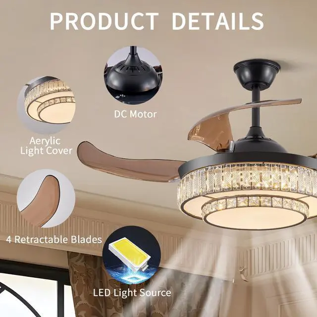 Alt view image 3 of 7 - 48" Contemporary Crystal Led Retractable Ceiling Fan with Light and Remote Control, 6-Speed Quiet Reversible Dc Motor,4 Blades Modern Ceiling Fans for Kitchen Bedroom Dining Room Patio