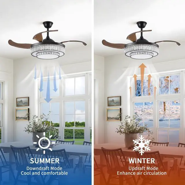 Alt view image 7 of 7 - 48" Contemporary Crystal Led Retractable Ceiling Fan with Light and Remote Control, 6-Speed Quiet Reversible Dc Motor,4 Blades Modern Ceiling Fans for Kitchen Bedroom Dining Room Patio