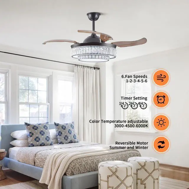 Alt view image 5 of 7 - 48" Contemporary Crystal Led Retractable Ceiling Fan with Light and Remote Control, 6-Speed Quiet Reversible Dc Motor,4 Blades Modern Ceiling Fans for Kitchen Bedroom Dining Room Patio