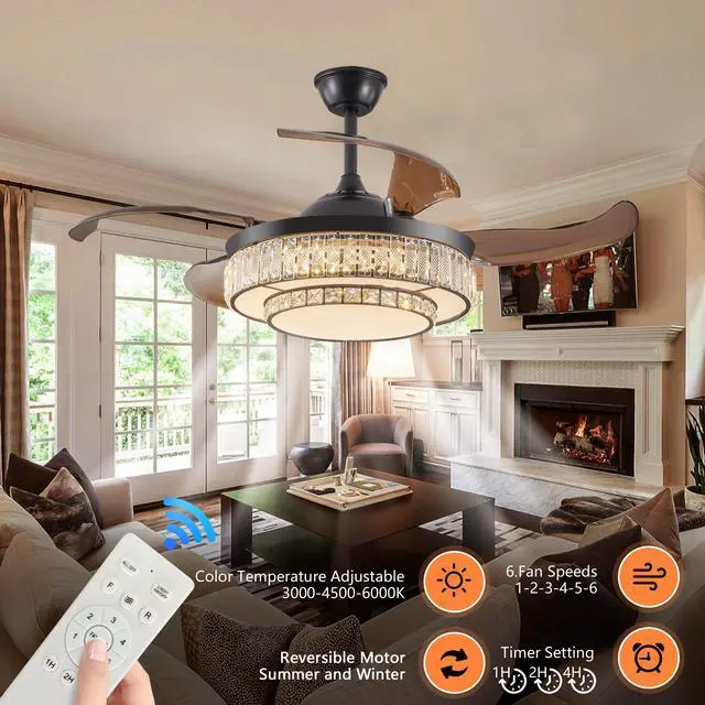 Alt view image 4 of 7 - 48" Contemporary Crystal Led Retractable Ceiling Fan with Light and Remote Control, 6-Speed Quiet Reversible Dc Motor,4 Blades Modern Ceiling Fans for Kitchen Bedroom Dining Room Patio