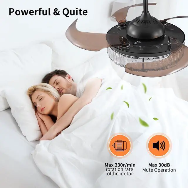 Alt view image 6 of 7 - 48" Contemporary Crystal Led Retractable Ceiling Fan with Light and Remote Control, 6-Speed Quiet Reversible Dc Motor,4 Blades Modern Ceiling Fans for Kitchen Bedroom Dining Room Patio