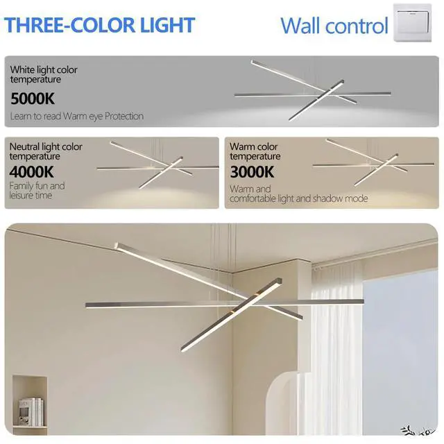 Alt view image 7 of 7 - 48" Modern Led Chandelier - Geometric 3-Arm Design, Adjustable Hanging, Sleek Metal Finish for Dining Room, Living Room & Office