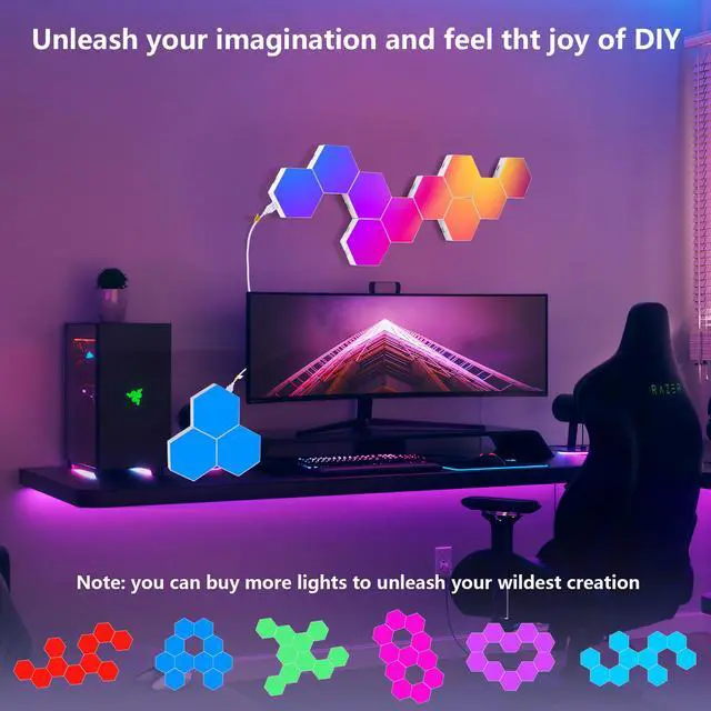 Alt view image 4 of 7 - Lights (10 Pack) Led Wall Panels, Rgb Gaming Lights with App, Smart Modular Panel Hex Tiles Push Glide Expansion Shapes Light