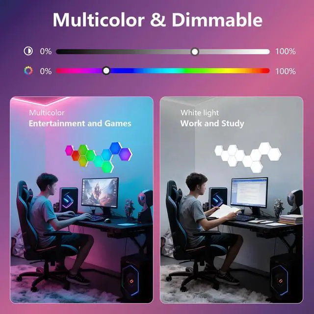 Alt view image 5 of 7 - Lights (10 Pack) Led Wall Panels, Rgb Gaming Lights with App, Smart Modular Panel Hex Tiles Push Glide Expansion Shapes Light