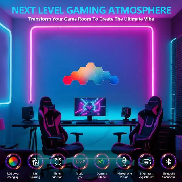 Alt view image 2 of 7 - Lights (10 Pack) Led Wall Panels, Rgb Gaming Lights with App, Smart Modular Panel Hex Tiles Push Glide Expansion Shapes Light