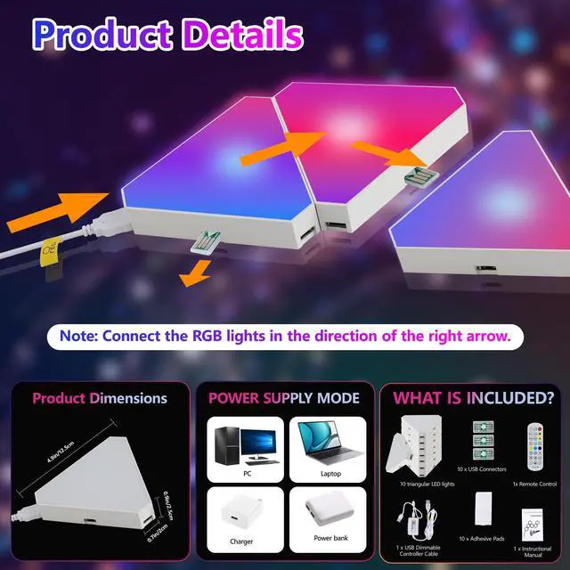 Alt view image 5 of 7 - Triangular Led Lights, 10 Rgb Wall Panels, Modular intelligent Light Panel with App, Remote and Music Synchronization, Honeycomb Light Wall in Game Room, Bedroom Decoration