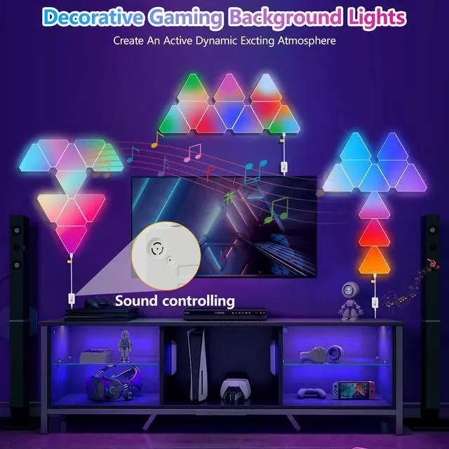Alt view image 6 of 7 - Triangular Led Lights, 10 Rgb Wall Panels, Modular intelligent Light Panel with App, Remote and Music Synchronization, Honeycomb Light Wall in Game Room, Bedroom Decoration
