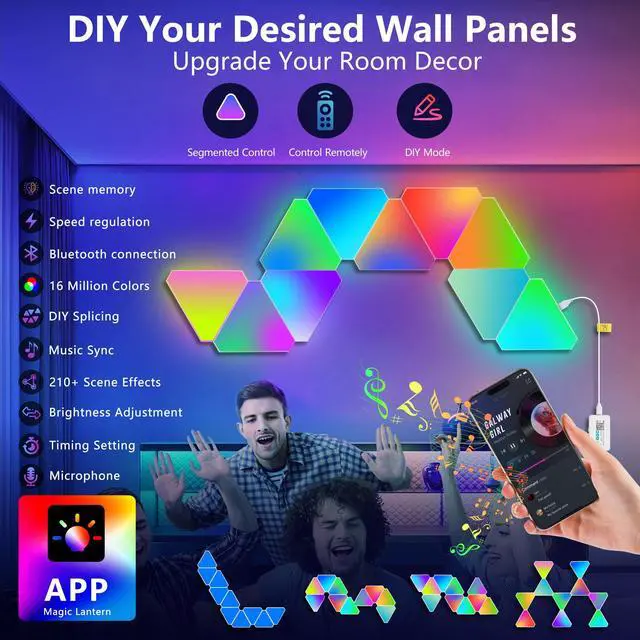Alt view image 3 of 7 - Triangular Led Lights, 10 Rgb Wall Panels, Modular intelligent Light Panel with App, Remote and Music Synchronization, Honeycomb Light Wall in Game Room, Bedroom Decoration