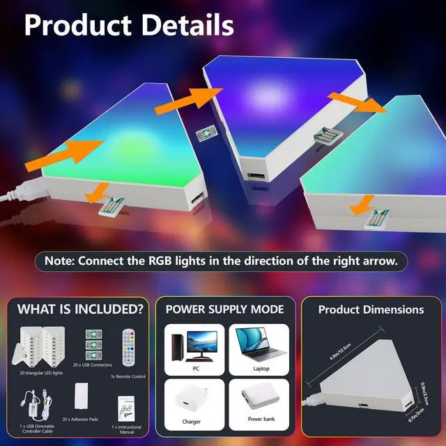 Alt view image 5 of 7 - 20-Pack Triangular Light Panels Smart Rgb Led Wall Lights with App & Remote Music Sync Gaming Lights for Gamers, Game Room Decor, Gaming Equipment, Living Room, Bedroom, Kids & Adults