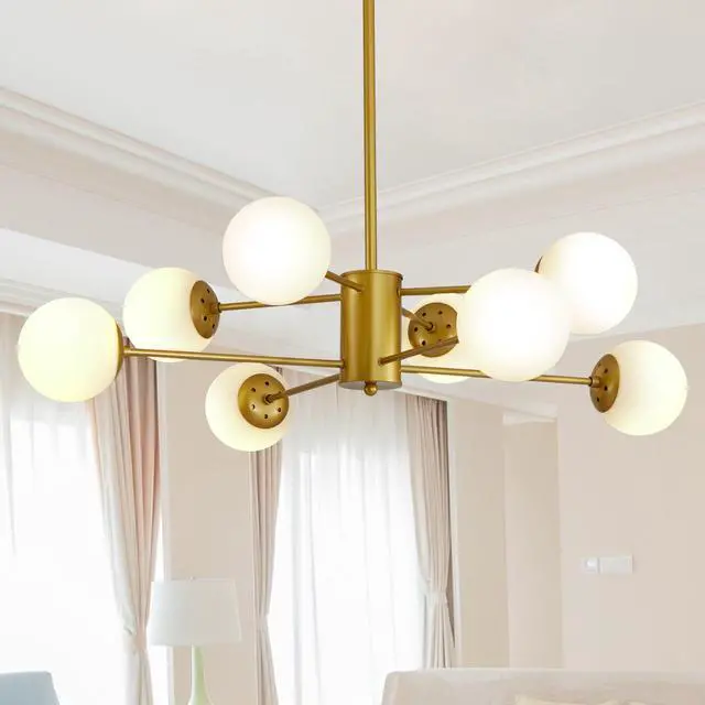 Main image of 35" Modern 8-Light Gold Chandelier with White Glass Globe Shades, Mid-Century Branching Design, Elegant Ceiling Light Fixture for Dining Room, Living Room, Or Bedroom (No Bulbs)