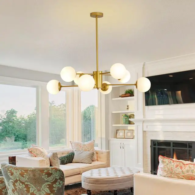 Alt view image 2 of 7 - 35" Modern 8-Light Gold Chandelier with White Glass Globe Shades, Mid-Century Branching Design, Elegant Ceiling Light Fixture for Dining Room, Living Room, Or Bedroom (No Bulbs)