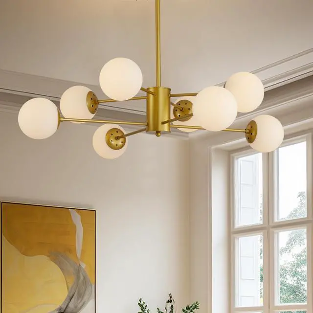 Alt view image 4 of 7 - 35" Modern 8-Light Gold Chandelier with White Glass Globe Shades, Mid-Century Branching Design, Elegant Ceiling Light Fixture for Dining Room, Living Room, Or Bedroom (No Bulbs)