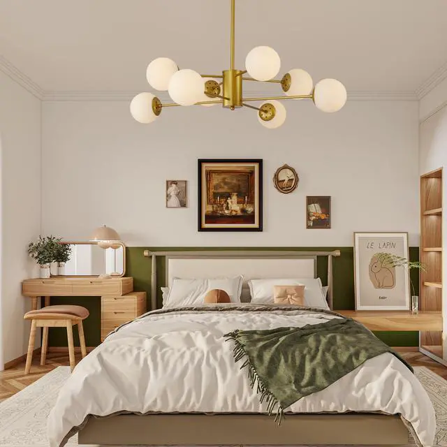 Alt view image 3 of 7 - 35" Modern 8-Light Gold Chandelier with White Glass Globe Shades, Mid-Century Branching Design, Elegant Ceiling Light Fixture for Dining Room, Living Room, Or Bedroom (No Bulbs)