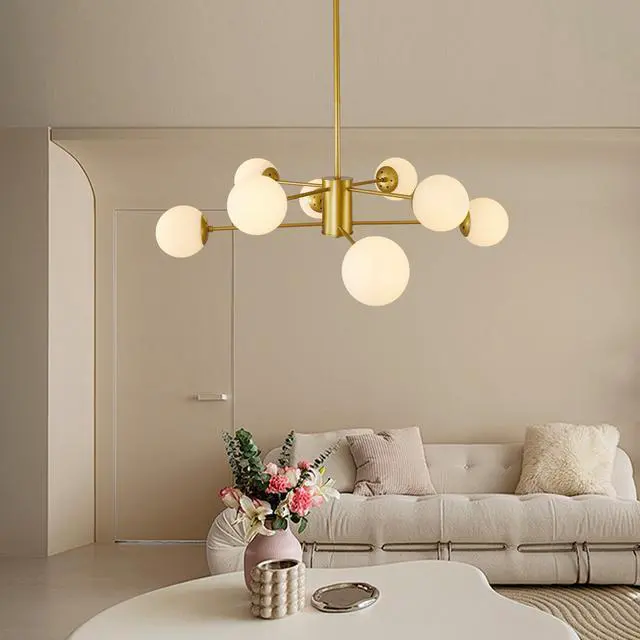 Alt view image 5 of 7 - 35" Modern 8-Light Gold Chandelier with White Glass Globe Shades, Mid-Century Branching Design, Elegant Ceiling Light Fixture for Dining Room, Living Room, Or Bedroom (No Bulbs)