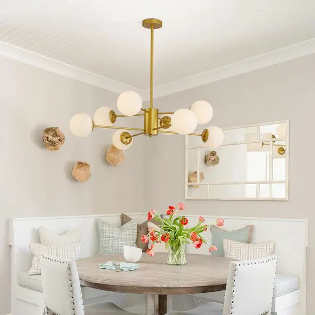 Alt view image 6 of 7 - 35" Modern 8-Light Gold Chandelier with White Glass Globe Shades, Mid-Century Branching Design, Elegant Ceiling Light Fixture for Dining Room, Living Room, Or Bedroom (No Bulbs)