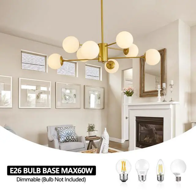 Alt view image 7 of 7 - 35" Modern 8-Light Gold Chandelier with White Glass Globe Shades, Mid-Century Branching Design, Elegant Ceiling Light Fixture for Dining Room, Living Room, Or Bedroom (No Bulbs)