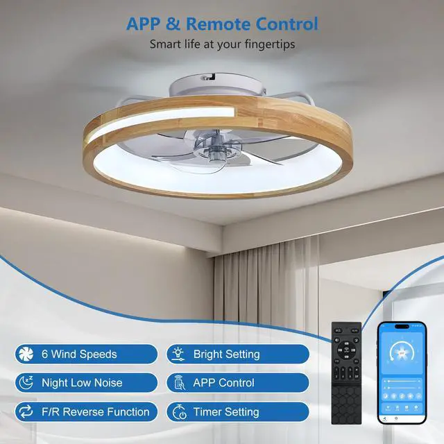 Alt view image 2 of 7 - 20 inchs Ceiling Fans with Lights and Remote Low Profile Flush Mount Ceiling Fan with Light,3000-6000K Led Fan Lighting 6 Speed Reversible Quiet Wooden Small Fans and Light for Bedroom Kitchen
