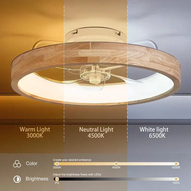 Alt view image 5 of 7 - 20 inchs Low Profile Ceiling Fans with Lights and Remote Flush Mount Wooden Ceiling Fan and Light,3000-6000K Dimmable Led Fan Lighting Timing 6 Speeds Reversible Small Fans Light for Bedroom
